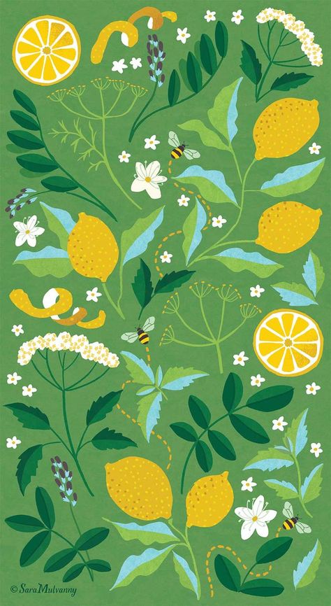 Floral patterns created for a tea packaging concept. Each design features the floral, herbal and fruit elements within each blend of tea. This is the 'Lemon & honey' tea which contains elderflower, lemon verbena leaf, liquorice root, sweet fennel seed and of course lemon and Manuka honey. ©SaraMulvannyIllustrationLtd Summer Botanical Illustration, Patterns On Packaging, Lemon Grass Illustration, Lemon Illustration Pattern, Lemon Flower Illustration, Herbal Tea Illustration, Lemon Pattern Design, Botanical Packaging Design, Lemon Packaging Design