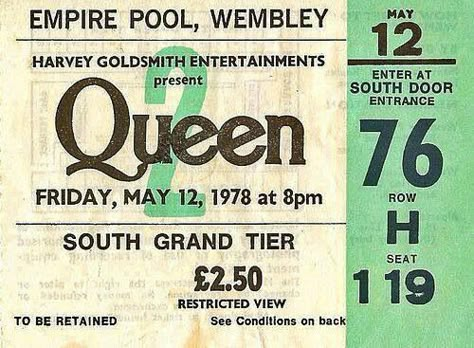 Vintage Concert Tickets, Freddie Mercury Aids, Queen Tickets, Old Ticket, Tiered Seating, Queen Ii, Night At The Opera, News Of The World, Queen Poster