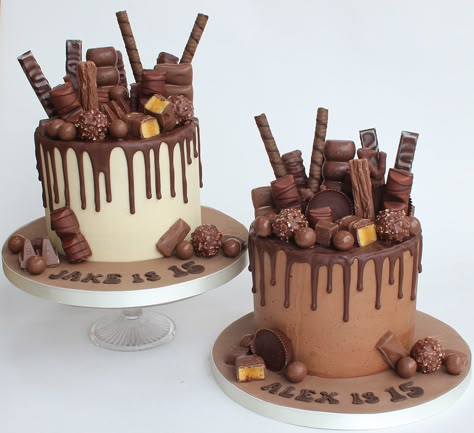 chocolate overload cakes | For twin 15 year olds who love ch… | Flickr Chocolate Buttercream Birthday Cake, Cake Decorated With Chocolates, Chocolate Overload Cake Birthdays, Chocolate Cake Birthday Ideas, Chocolate Themed Birthday Cake, Birthday Cake For Twins Boys, Chocolate Bar Birthday Cake, Cake Designs With Chocolate, Chocolate Loaded Cake Decoration