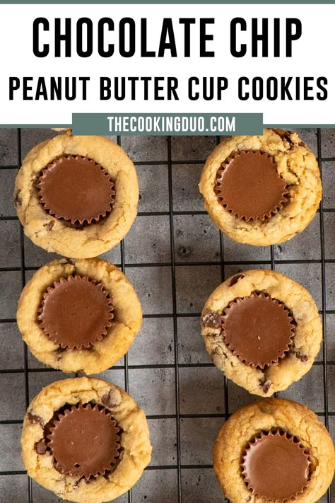 Warm, chewy chocolate chip cookie cups filled with melty peanut butter goodness. The perfect bite-sized treat! Chocolate Chip Cookie With Reeses In The Middle, Chocolate Chip Peanut Butter Cups, Chocolate Chip And Reeses Cup Cookies, Reeses Peanut Butter Cups Gift Ideas, Reese’s Peanut Butter Cup Stuffed Chocolate Chip Cookies, Reeces Cup Cookie, Cookie With Peanut Butter Cup, Reese’s Chocolate Chip Cookies, Chocolate Chip Cookie Cups Muffin Tin