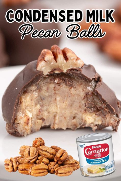 Rich and creamy no-bake pecan balls made with sweetened condensed milk and coated in chocolate. Perfect for holiday gatherings or quick treats! #NoBakeDesserts #HolidayTreats Condensed Milk Candy Recipes, Condensed Milk Pecan Balls, Candy With Sweetened Condensed Milk, Pecan Candy Recipe Condensed Milk, No Bake Pecan Pie Balls, Christmas No Bake Desserts, Sweet Condensed Milk Desserts, Condensed Milk Candy, Desserts With Sweetened Condensed Milk