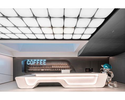 a trendy coffee shop with futuristic elements Canteen Interior Design, Canteen Interior, Futuristic Office Design, Futuristic Restaurant, Futuristic Bar, White Marble Bar, Futuristic Office, 2023 Interior Design, Juice Shop