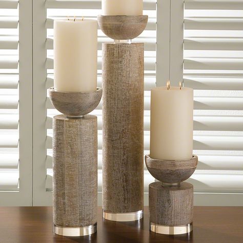 9.91041 6"Dia. x 24"H 9.91042 6"Dia. x 16.25"H 9.91043 6"Dia. x 8.25"H Diy Pillar Candle Holders, Wood Pillars, White Candle Holders, Pillar Holders, Unique Candle Holders, Candle Cups, Pillar Candle Holder, Selling Candles, Global Views