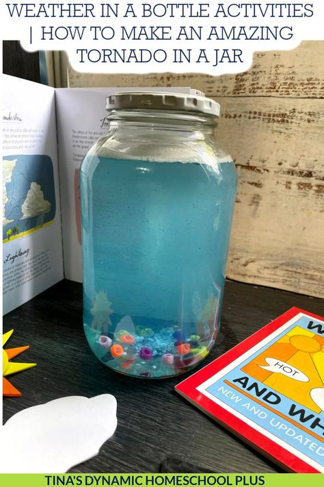 Weather In A Bottle | How To Make An Amazing Tornado In A Jar. We're making weather in a bottle by making a tornado. I have this fun Free Weather Unit Study for Kids Who Love Hands-on Learning post for more teaching ideas. Weather comes in all kinds of wild and crazy forms, from record highs to intense winds. This is a super easy, low-stress science activity that takes 5 minutes to pull together. You can do it with your child when you are learning about the weather. Weather In A Jar, Tornado In A Jar Science Project, Tornado Unit Study, Diy Tornado In A Bottle, Weather Experiments Kindergarten, Tornado Experiments For Kids, Tornado Crafts For Kids, Tornado Activities For Kids, Severe Weather Activities For Kids