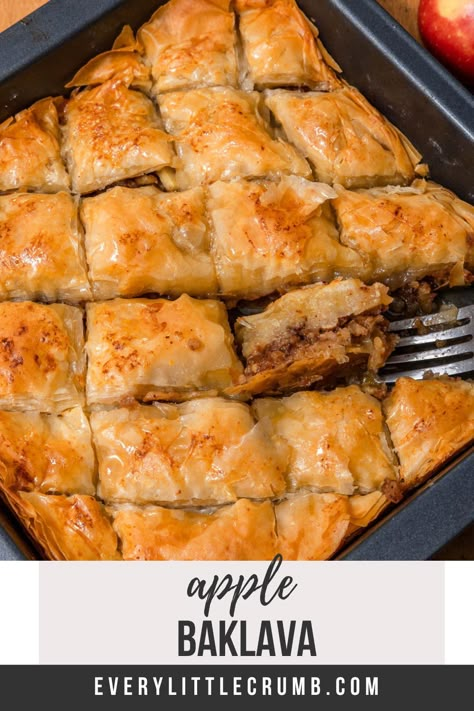 This apple baklava is layers of deliciousness. It's the easiest apple phyllo dessert with an apple walnut filling and golden phyllo dough. #applebaklava #applepie #applephyllo #phyllo #filo Philo Recipes, Apple Baklava, Easy Kunafa Recipe, Phyllo Dessert, Fruit Based Desserts, Best Baklava Recipe, Philo Dough, Cooking Meme, Phyllo Dough Recipes