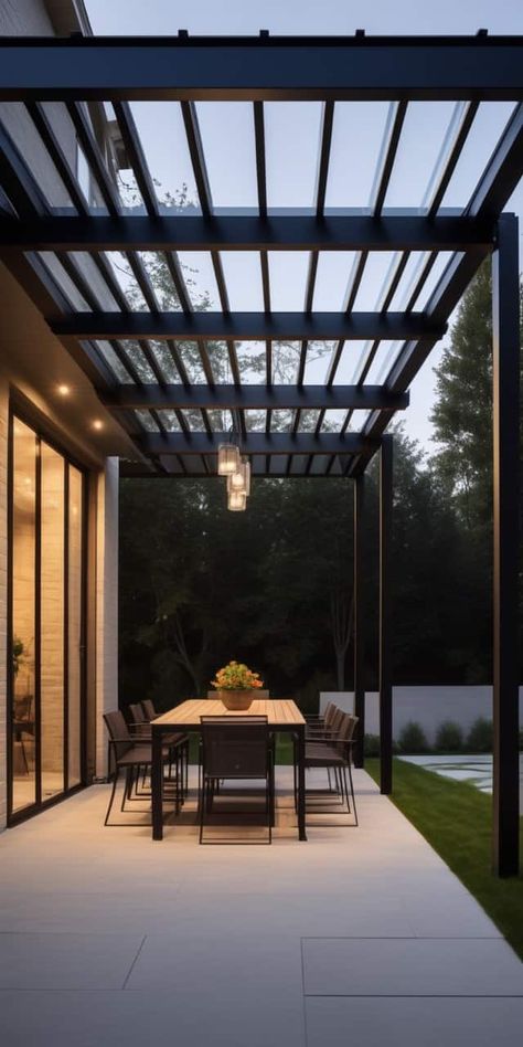 Incorporating 11 Stunning and Practical House-Attached Pergolas - Peak Patio Life Modern Patio Pergola, Metal Pergola Attached To House, Black Pergola Attached To House, Modern Outdoor Pergola, Black Metal Pergola, Metal Pergola With Roof, Pergola Next To House, Two Story Pergola, Glass Pergola Ideas