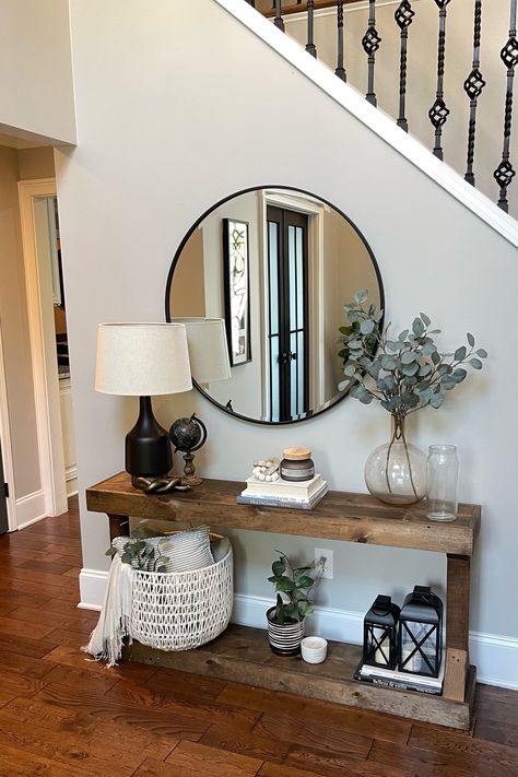 Entryway Console Table Decor -  Thinking of switching this entry up a bit! Before and after coming up. What would you change? #decor #foyer #targetfinds #ltkhome #ltkxwayfair Tiny Entry Way Table, Front Entry Shelf Decor, Home Small Entrance Decor, Console Table Organization, Interior Design Front Entry, Flowers For Entryway, Entryway Ideas Next To Stairs, Entryway Tables Decor, Entry Table By Stairs