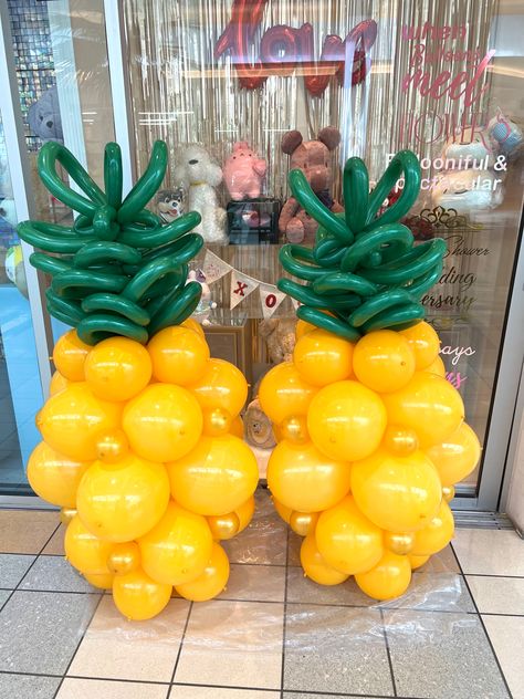 Luau 50th Birthday Party, Pineapple Balloon Arch, Pineapple Balloon Column, Tiki Balloon Garland, Luau Balloon Centerpieces, Hawaii Balloon Arch, Pineapple Balloon Decor, Hawaiian Dance Theme, Luau Balloon Backdrop Ideas