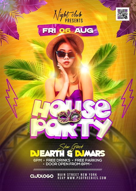 Feel free to grab our latest Free Grand House Party Flyer PSD Template. This eye-catching and vibrant design is perfect for promoting your upcoming House Party, Music Event, or Nightclub Party. With Adobe Photoshop, you can easily modify and customize elements of the design, adjust dimensions, and edit all the text to fit your needs. House Party Design Poster, House Party Graphic Design, Free Party Flyer Psd, Get Together Flyer Design, House Party Poster Design, Psd Free Photoshop Templates, Psd Free Photoshop Design, House Party Flyer Design, Party Flyers Design