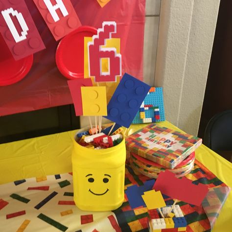 Lego party centerpiece Lego Party Centerpieces Ideas, Lego Birthday Party Centerpieces, Lego Party Centerpieces, Lego Birthday Table Decor, Lego Centerpiece Ideas, Lego Party Cake Table, Lego Birthday Centerpieces Table Decorations, Lego City Birthday Party Decorations, Lego Themed Party