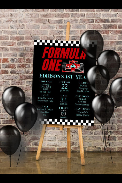 F1 Milestone Poster for baby Boy's 1st Birthday Party! Formula One First Birthday Party, F1 Baby Shower Theme, Formula 1 First Birthday Party Ideas, Formula 1 First Birthday, F1 Theme Party Birthday, Formula 1 Birthday Party Ideas, F1 Birthday Party Ideas, First Lap Birthday, Formula One Party