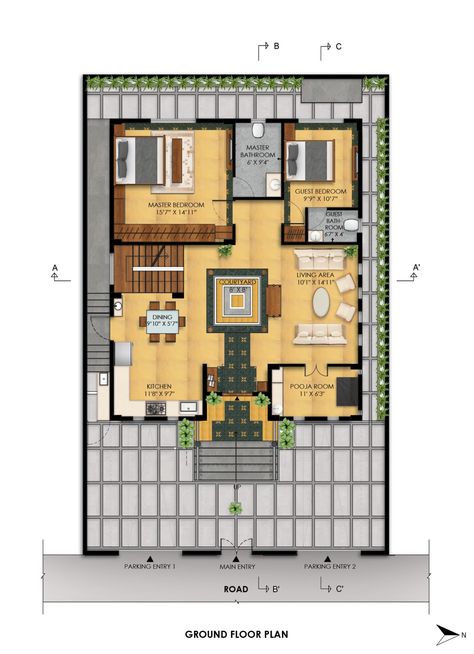 Ground Floor Plan of Courtyard House by Alkove-Design Courtyard House Floor Plan, Traditional Courtyard House Indian, 2400 Sq Ft House Plans Indian, South Indian Village House, Courtyard House Plans Indian, Courtyard Design Plan, U Shaped House Plans Courtyards, Small Courtyard House Plans, Small Courtyard House