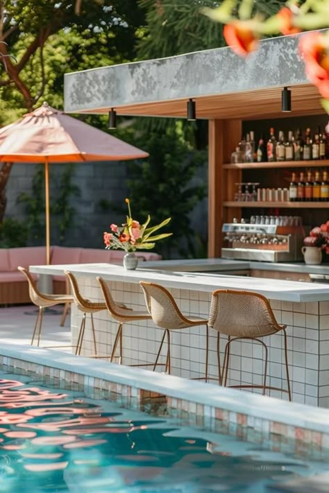 Splashy Above Ground Pool Bar Ideas for Summer Fun Swimming Pool Bar Ideas, Outdoor Pool Cabana, Backyard Pool Bar, Diy Above Ground Pool Bar, Outdoor Pool Bar Ideas, Inside Pool House Ideas, Pool House Bar Ideas, Pool Wall Ideas, Above Ground Pool Bar Ideas