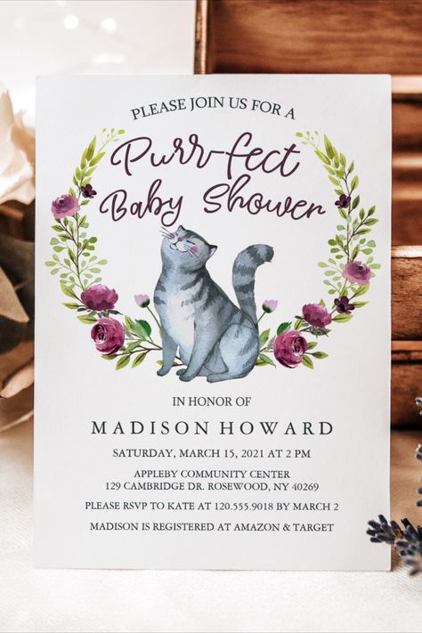 Easily personalize this cute cat themed baby shower invitation with your own info. Purchase as an instant download or have it shipped directly to your home. Tons of matching even items in the shop as well. Cat Baby Shower, Party Cat, Boho Invitations, House Warming Invitations, Cat Purr, Kitty Baby, Watercolor Baby Shower, Baby Shower Flowers, Watercolor Cat