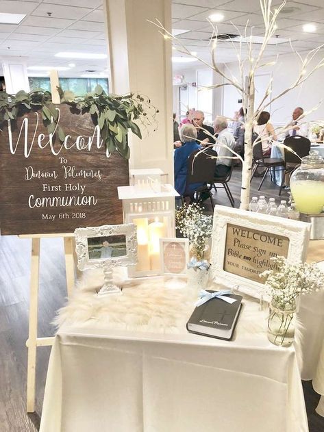 Rustic Communion First Communion Party Ideas | Photo 2 of 13 | Catch My Party 1st Communion Party Ideas, First Communion Party Ideas, Communion Decor, Holy Communion Ideas, Communion Party Ideas, Communion Centerpieces, Baptism Party Decorations, First Holy Communion Cake, Confirmation Ideas