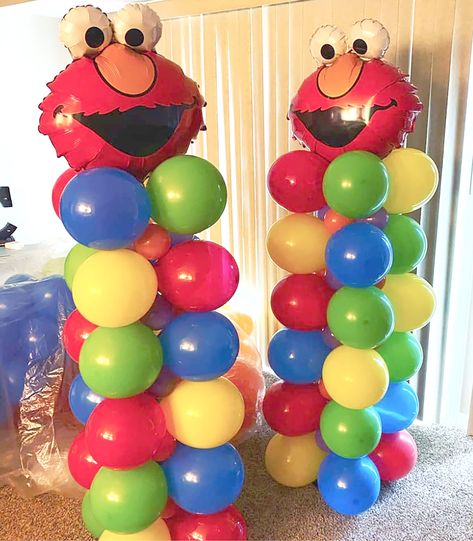 Sesame Street Balloon Columns, Elmo Balloon Column, Elmo Balloon Bouquet, Elmo Trunk Or Treat Ideas, Elmo Balloon Garland, Sesame Street Cake Table, Elmo First Birthday Party Boy, Sesame Street Balloon Arch, First Birthday Diy Decorations