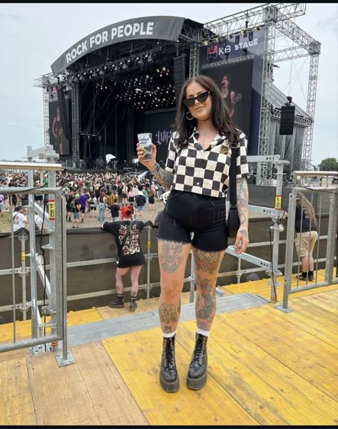 Warp Tour Outfit, Biker Shorts And Doc Martens, Summer Rock Festival Outfit, Hardcore Concert Outfit, Soft Rock Concert Outfit, Ice Nine Kills Concert Outfit, Metal Concert Outfit Summer, Pop Punk Concert Outfit Summer, Cali Trip Outfits