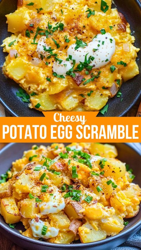 Start your day with a Cheesy Potato Egg Scramble! This hearty breakfast dish is filled with fluffy eggs, crispy potatoes, and gooey cheese. It's quick to prepare and perfect for breakfast or brunch. Save this pin to make mornings delicious and satisfying! Kids To Go Breakfast Ideas, Breakfast Ideas Potatoes Eggs, All Day Breakfast Ideas, Potato Scramble Breakfast, Fast Egg Breakfast, Vegetarian Egg Breakfast, Morning Potato Recipes, Week Day Breakfast Ideas, Breakfast For Dinner Sides