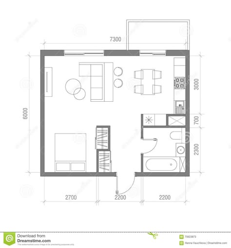 Architectural Floor Plan With Dimensions. Studio Apartment Vector Illustration. Top View Furniture Set. Living Room, Kitchen, Bath Stock Illustration - Illustration of plan, color: 75623873 Studio Apartment Plan, Small Apartment Floor Plans, Studio Apartment Kitchen, Small Apartment Layout, Small Apartment Plans, Studio Apartment Floor Plans, Floor Plan With Dimensions, Small House Blueprints