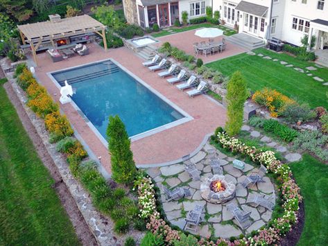 Fireplace Pool Backyard, Pools On Acreage, Pool Patio Fire Pit, Pool Landscape Design Plans, Pool And Fire Pit, Gated Pool, Pool Landscapes, Landscaping Around Pool, Pool Landscaping Ideas