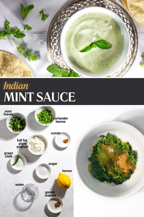 Indian mint sauce in a white bowl. Mint And Cilantro Recipes, Mint Dipping Sauce, Indian Mint Chutney, Indian Mint Sauce, Mint Sauce Recipe, Mint Chutney Recipe, Mint Dip, Indian Sauces, Indian Chutney