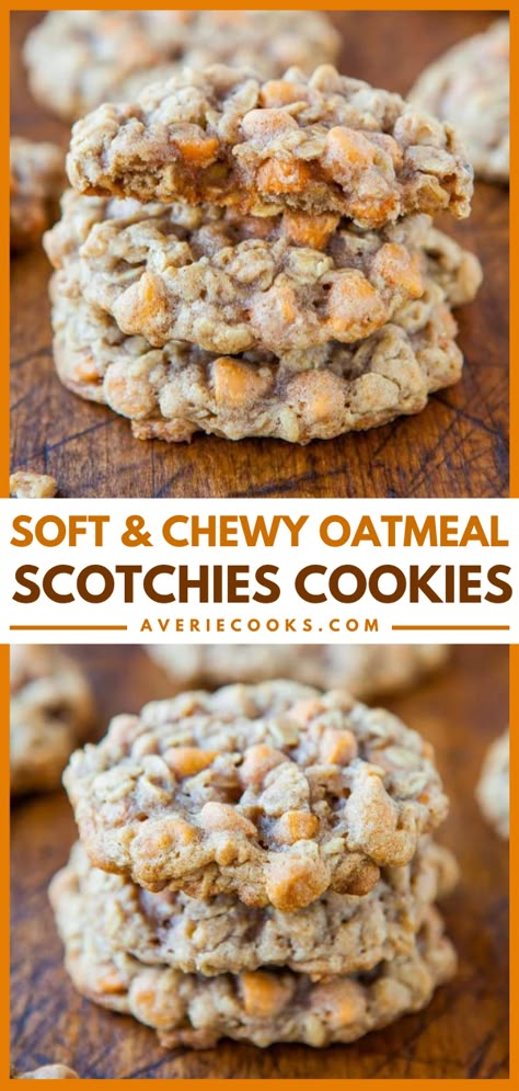 Oatmeal Scotchies Recipe (Oatmeal Butterscotch Cookies!) - Averie Cooks Oatmeal Scotchies Cookies, Scotch Cookies, Scotchies Cookies, Oatmeal Butterscotch, Butterscotch Chip Cookies, Oatmeal Scotchies, Oatmeal Butterscotch Cookies, Chocolate Marshmallow Cookies, Butterscotch Cookies