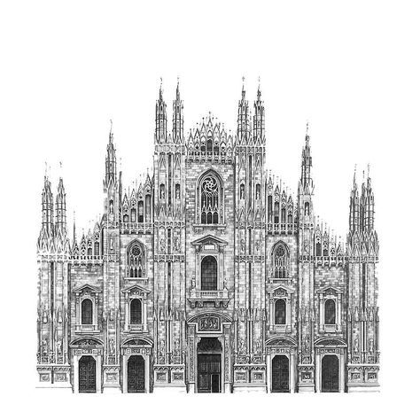 Il Duomo Cathedral - Milan. Architectural Street and Building Drawings. See more art and information about Minty Sainsbury, Press the Image. Duomo Drawing, Duomo Tattoo, Milan Drawing, Minty Sainsbury, Milan Architecture, Photorealistic Drawings, Pantheon Paris, Duomo Cathedral, Duomo Milan