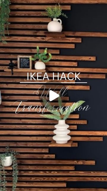 Ikea Hacks and Inspo on Instagram: "Elevate your wall with black paint, wooden slats and a touch of greenery! 🤗💫🌿  @riahanne shows us how to turn your bland wall to bold! 😃 check our her page for more details.   Follow us for more DIY Projects and hacks! @ikeahacksandinspo  🔗 link in Bio  #ikeahacksandinspo  #walltransformation #diy #ikeahack #ikeadeutschland #homemade #homedesign #interiordesign #interior" Ikea Slat Wall Hack, Slat Wall Green, Ikea Wall Art Ideas, Cheap Accent Wall Ideas Easy Diy, Slat Wall With Mirror, Wooden Slats On Wall, Wooden Slat Wall Interiors, Slat Wall With Shelves, Wall Slats Decor