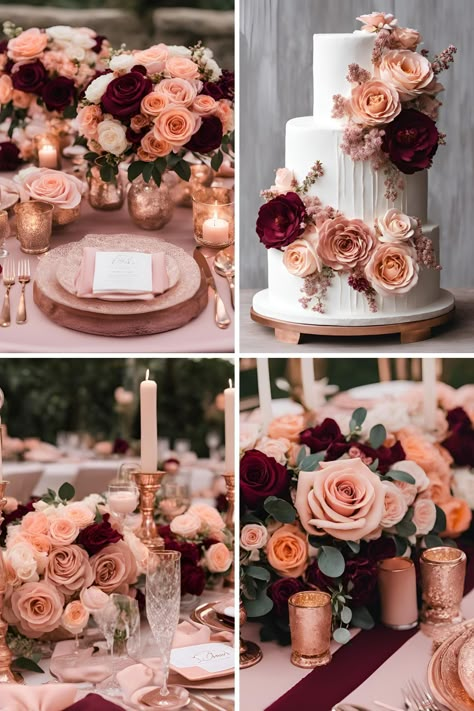 Rose Gold and Burgundy Wedding: Beautiful Rose Gold, Burgundy, Peach, and Pink Ideas - Francisca's Bridal Red Pink Wedding Color Schemes, Fuchsia Wedding Colors, Rose Gold And Burgundy Wedding, Rose Gold And Burgundy, Wedding Color Ideas Spring, Wedding Color Ideas Winter, Wedding Themes Colors, Wedding Color Ideas Summer, Peach Wedding Colors