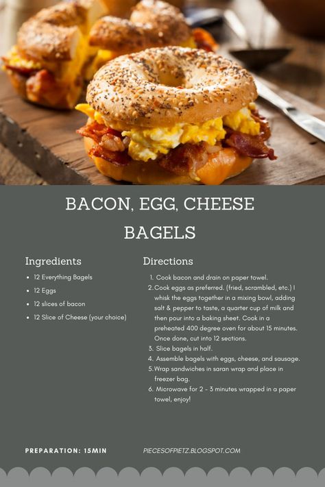 Recipe for freezer friendly bacon egg cheese bagels Freezer Breakfast Bagels, Bagels Sandwich Breakfast, Bacon Egg And Cheese Bagel Meal Prep, Bacon Egg And Cheese Everything Bagel, Freezer Bagel Breakfast Sandwiches, Chopped Breakfast Bagel, Bagel Recipes Breakfast, Everything Bagel Recipe Sandwiches, Lunch Ideas With Bagels