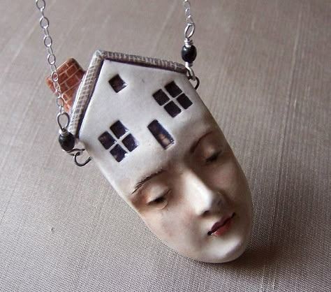 Thoughts of Home | Porcelain Pendant on Sterling Silver chain. Handmade by Felicia Nilson Diy Fimo, Unusual Jewelry, Ceramic Jewelry, Ceramic Clay, Clay Projects, Clay Creations, Ceramic Sculpture, Polymer Clay Jewelry, Clay Art