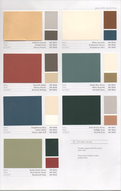 Interior Color Combos - Sherwin-Williams Arts and Crafts Historic Colors Historic Paint Colours, Craftsman Colors, Exterior Color Combinations, Paint House, Historic Colours, House Paint Color Combination, Color Combinations Paint, Craftsman Interior, Exterior House Paint Color Combinations