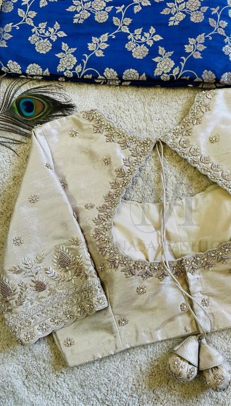 White Pusalu Maggam Work, Cream Color Blouse Maggam Work Designs, Cream Color Maggam Work Blouse, Maggam Work On White Blouse, Off White Maggam Work Blouse, Aari Work Blouse Back Design, White Blouse Work Designs, Off White Blouse Designs For Saree, Gold Work Embroidery Blouse