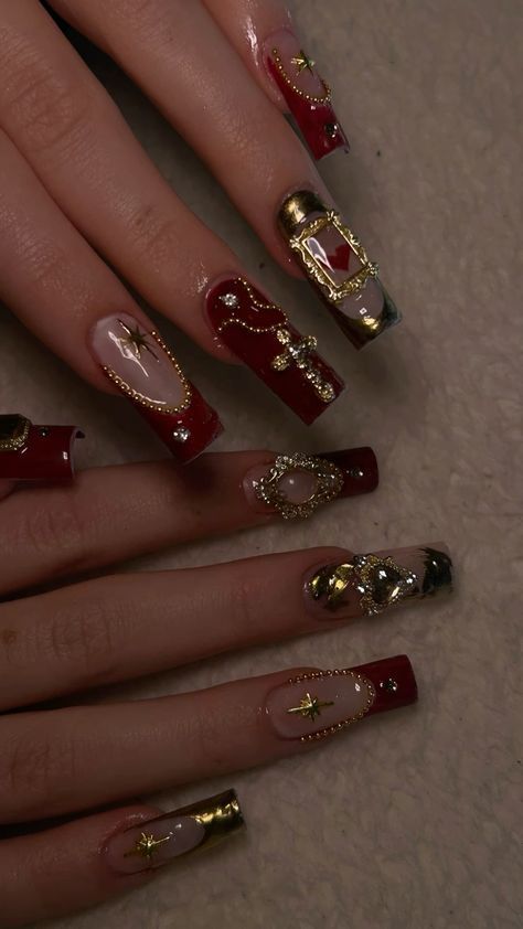 Dark Red Nails Aesthetic Design, Unique Burgundy Nails, Red Nails 3d Art Designs, Red Royal Nails, Nail Art October, Red Wine And Gold Nails, Red Nails With Gold Gems, October Birthday Nails Acrylic, Nails That Match Black Dress