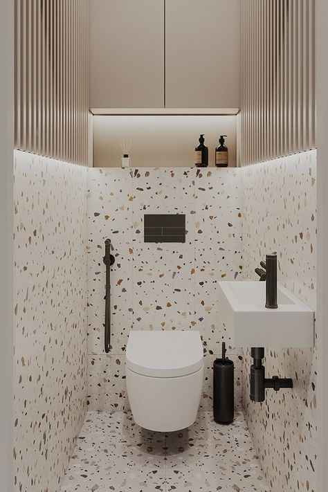 Small Wc Design Ideas, Tiny Guest Bathroom Ideas, Tiny Powder Room Design, Tiny Modern Bathroom, Tiny Toilet Room, Tiny Toilet Room Ideas, Tiny Toilets, Small Cloakroom Toilet, Tiny Wc