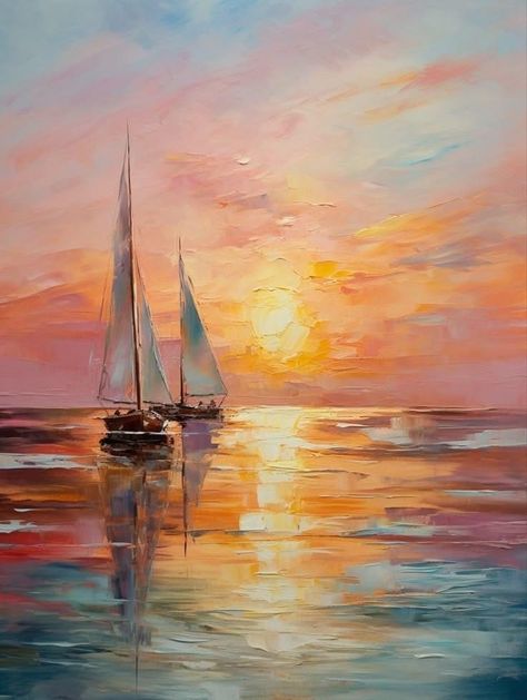 Acrylic Painting Boat On Water, Paintings Of Sailboats, Ocean Sunset Drawing, Sunset Ocean Painting, Acrylic Painting Sunset, Boat Painting Acrylic, Sailboat Sunset, Sunset Painting Acrylic, Piskel Art