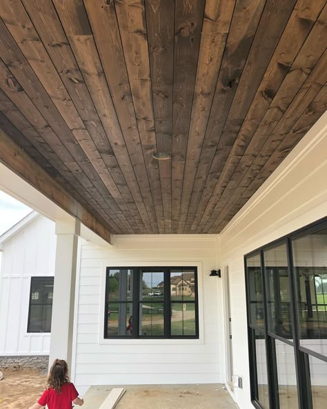 Cedar Columns Front Porch, Wood Porch Ceiling, Soffit Ideas, Patio Ceiling Ideas, Stained Wood Beams, Stained Shiplap, Strawberry House, Ceiling Remodel, Barn House Interior