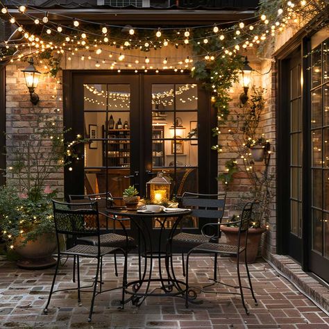 21+ Front Patio Ideas That Make Every Day Feel Like a Staycation • 333+ Art Images Outdoor Bistro Lights, Outdoor Bistro Lights Patio, Moody Outdoor Patio, Bistro Lights Backyard Patio, Patio Bistro Lights, Cottage Patio Ideas, Bistro Lights Backyard, Front Patio Ideas, Condo Patio