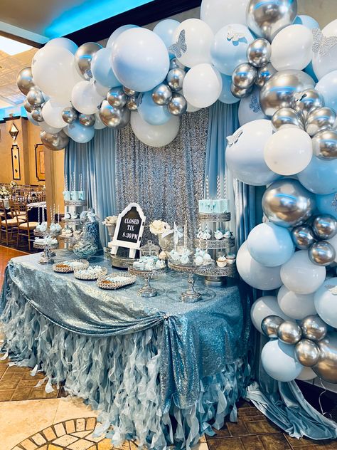 Blue And Silver Dessert Table, Silver Dessert Table, Blue Birthday Themes, Blue Party Themes, Sweet 16 Winter Wonderland, Baby Blue Quinceanera, Sweet 16 Winter, Cinderella Sweet 16, Winter Wonderland Christmas Party