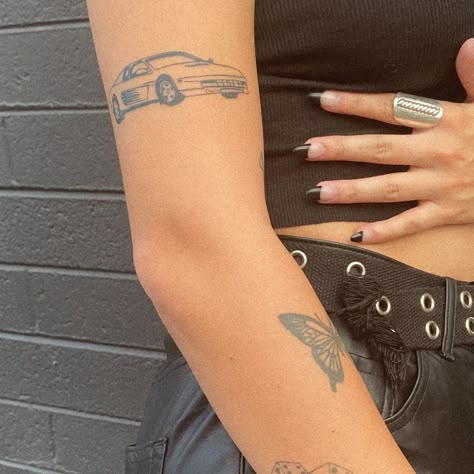 Frank Ocean Small Tattoo, Nostalgia Ultra Tattoo, Dainty Car Tattoos, Frank Ocean Tattoo Ideas White Ferrari, Frank Ocean Tattoo Pink And White, Frank Ocean Car Tattoo, Vintage Car Tattoo, Car Tattoos For Women, Frank Ocean Tattoo Seigfried