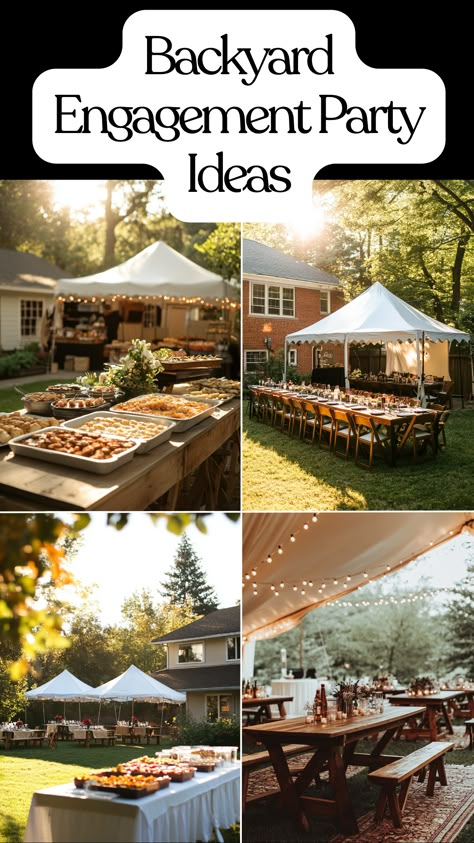 Backyard engagement party setup with decor, food, and tent ideas for a cozy celebration. Engagement Party At Park, Engagement Party Bonfire, Engagement Party Country Theme, Backyard Bbq Engagement Party, Engagement Backyard Party, Backyard Engagement Party Decor, Engagement Party Ideas Themes Summer, Engagement Party At Home Ideas, Garden Theme Engagement Party