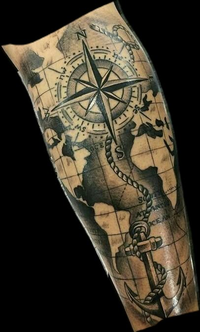 Navy Forearm Tattoo Men, Nautical Calf Tattoo Men, Men’s Calf Sleeve Tattoo, Marine Compass Tattoo, Compass Tattoo Men Sleeve, Map Tattoos Men, World Tattoo Men, Nautical Leg Sleeve Tattoo, Map And Compass Tattoo Design