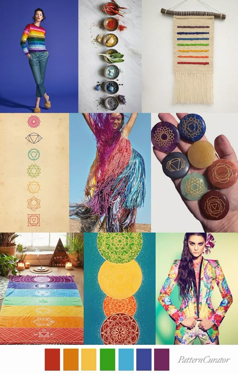 SEVEN CHAKRAS by Pattern Curator (SS20) Mood Board Fashion Inspiration, Pattern Curator, Fashion Sketchbook Inspiration, Theme Board, Seven Chakra, Color Trends Fashion, Seven Chakras, Fashion Themes, Fashion Inspiration Board