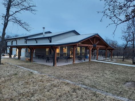 Barndominium With Chimney, Gables On Barndominium, Country Style Barndominium, Barndominium Ideas Wisconsin, Southern Style Barndominium, Barndominium Covered Porch, Barndominium Floor Plans With Attached Garage, Shop Attached To House, Shop With House On Top