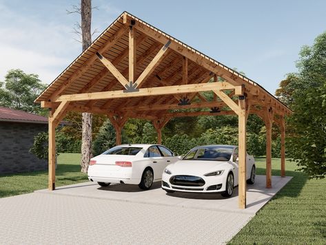 20'x24' Wooden Carport Plans Gable Roof Pavilion - Etsy Gazebo Blueprints, Construction Garage, Car Porch Design, Wooden Carports, Building A Carport, Garage Build, Timber Frame Pavilion, Pavilion Plans, Carport Plans