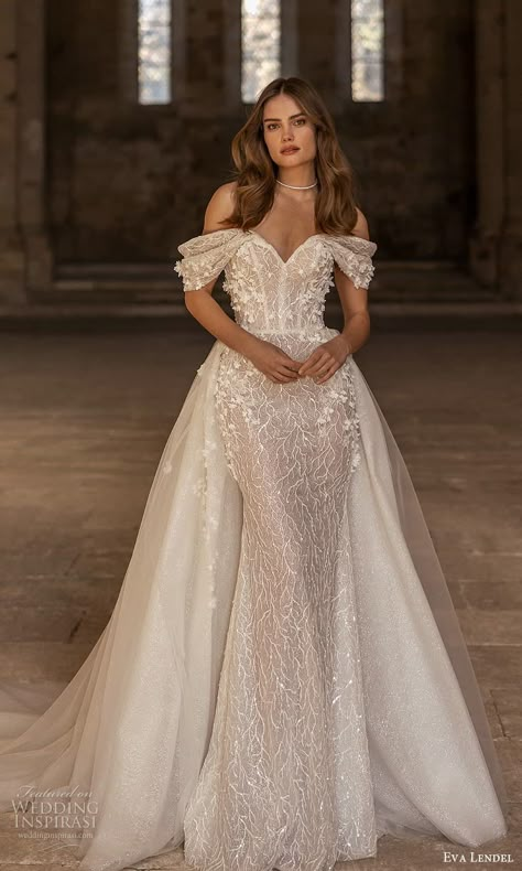 Wedding Dress With Side Train, 2 In One Dress Bridal Gowns, Detachable Ball Gown Wedding Dress, Size 8 Wedding Dress Curvy Bride, Dress With Detachable Train, Wedding Dresses With Over Skirt, Wedding Gown With Overskirt, Wedding Dress Off The Shoulder Lace, Mermaid Dress With Overskirt Prom