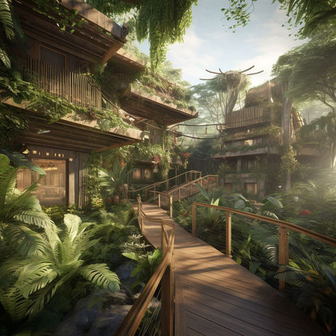 Immerse yourself in the Tropical Jungle Resort by Andorra. Explore the lush interiors and expansive jungle views. 

#TropicalResort #EcoDesign #InteriorDesign #VirtualSpaces #CreativeDesign #Ideas #3drender Jungle Treehouse Aesthetic, Tropic Interior Design, Tropical Forest House, Jungle Mansion, House In Jungle, Tropical Mansion, Tropical Resort Design, Jungle Hotel, Resort Style Home