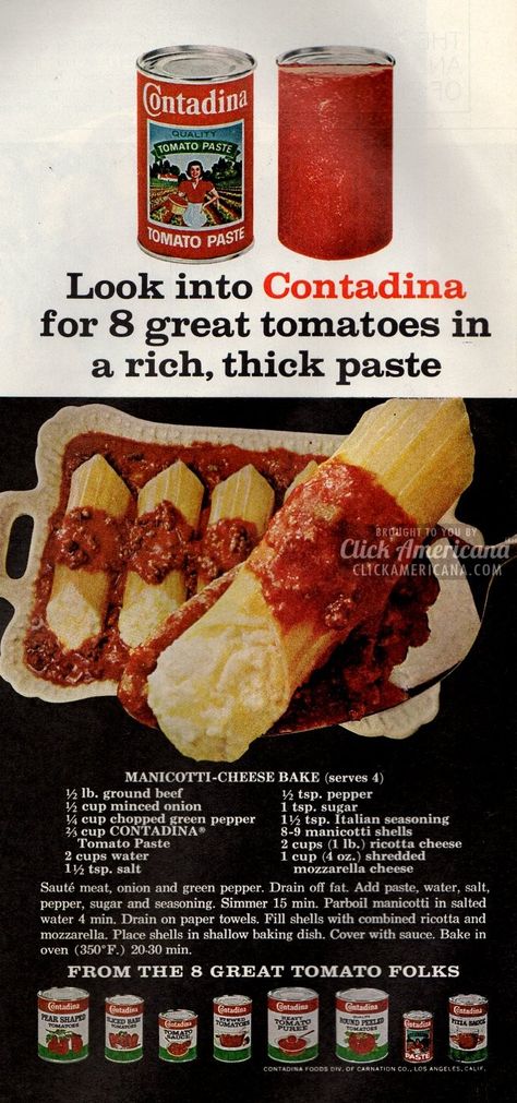 Manicotti-Cheese Bake (1968). My note: I actually use this recipe when I make manicotti or stuffed shells.  It's a winner. 70s Food, Recipes With Pictures, Food Ads, Retro Recipes, Old Recipes, Vintage Recipes, Om Nom, Food Pictures, Pasta Dishes