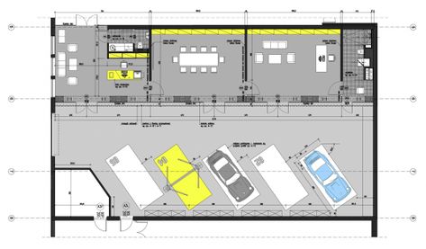 http://www.archdaily.com/328424/office-garage-ultra-architects/ Car Showroom Design, Plan Garage, Underground Garage, Workshop Plans, Garage Loft, Automotive Shops, Ultimate Garage, Mechanic Shop, Warehouse Design