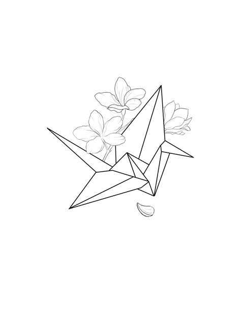 Line Work Tattoo Design, Tattoo Line Work, Tattoo Japonais, Tattoo Crane, Paper Crane Tattoo, Origami Tattoo, Crane Tattoo, Flower Line Drawings, Geniale Tattoos